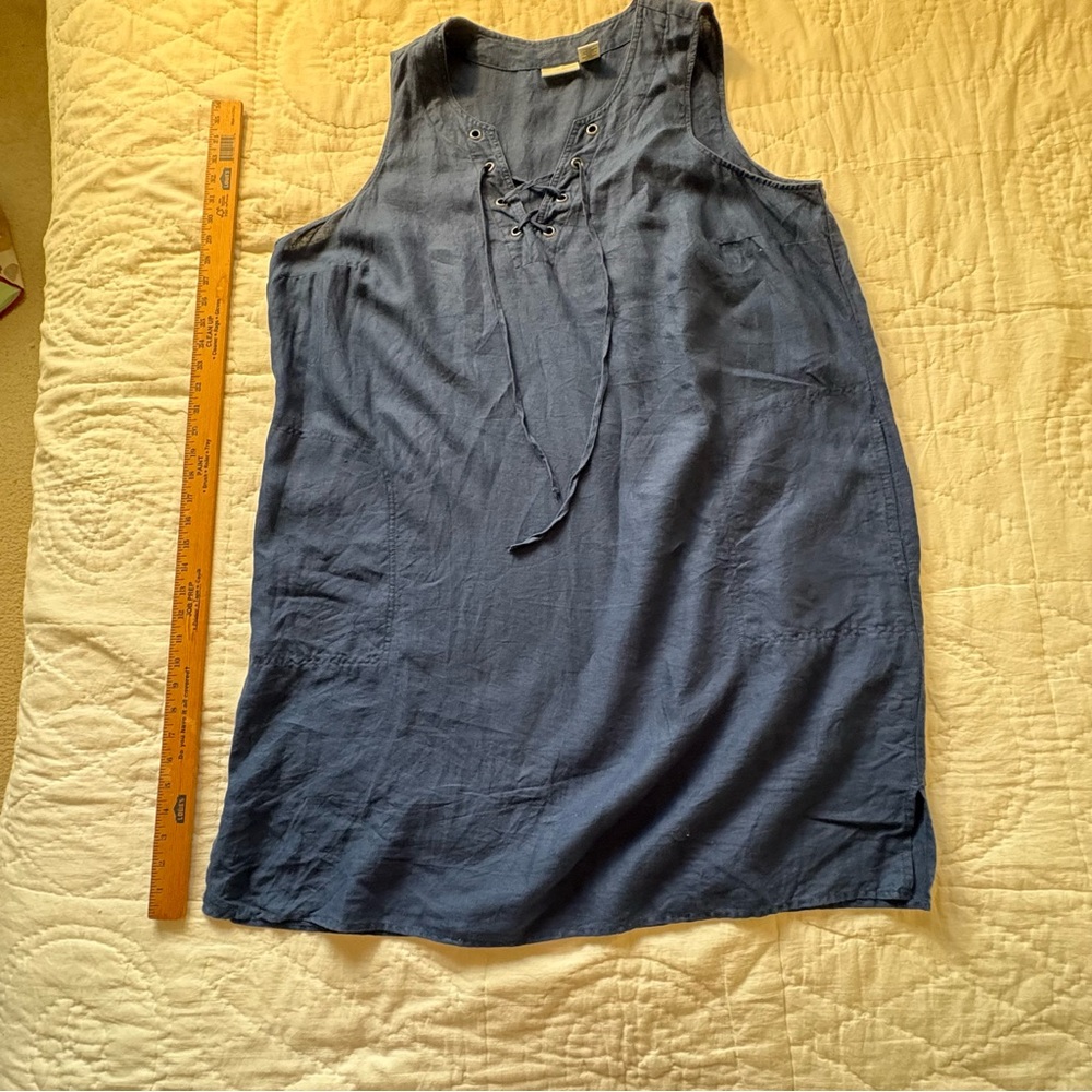 Sleeveless Navy 100% Linen 3/4 Lace-Up Shift Dress